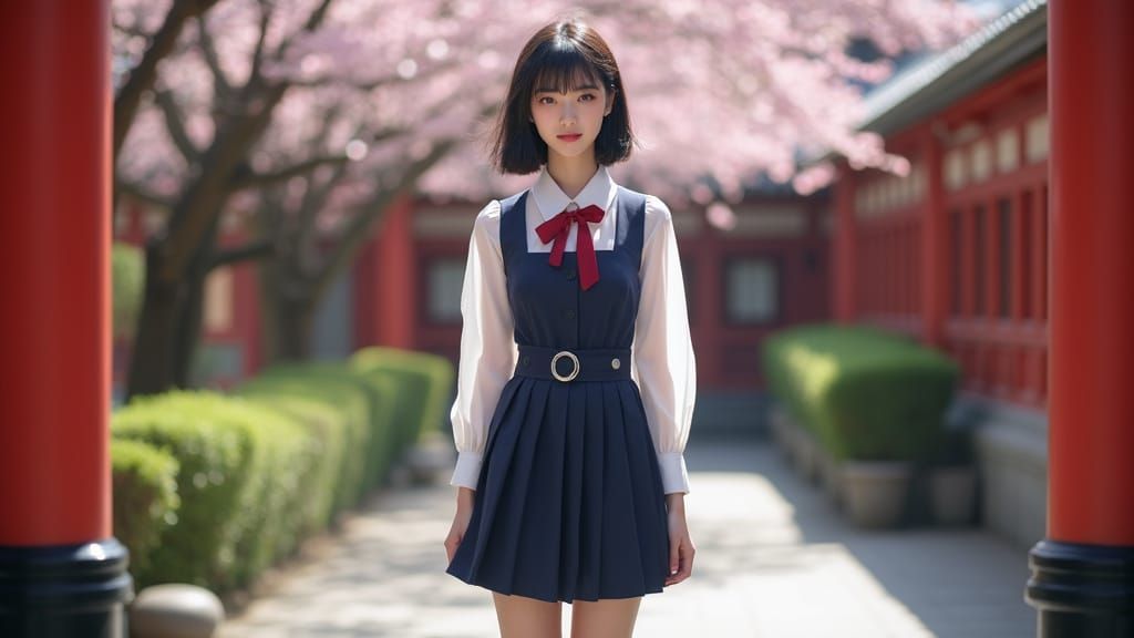 Japanese Schoolgirl in Cherry Blossom Shrine Courtyard