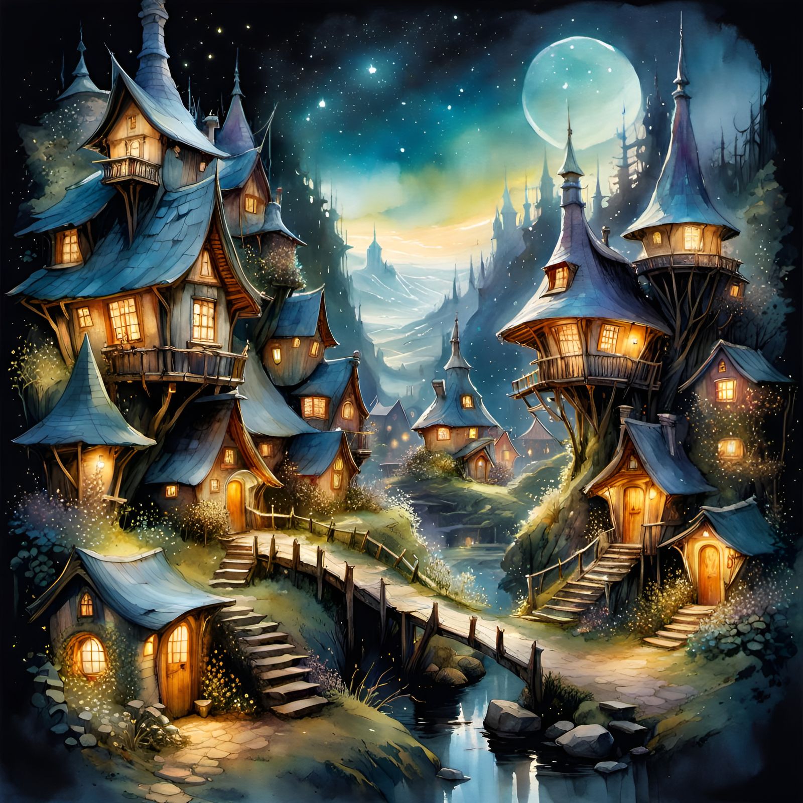Whimsical Fairy Village Watercolor Illustration