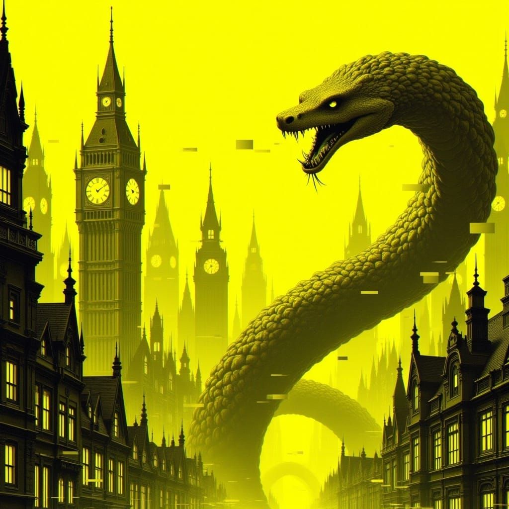 Giant Snake in Yellow Cyberpunk Cityscape