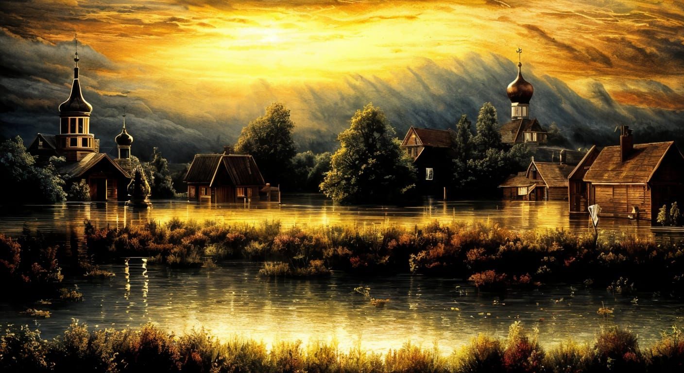 Flooded Russian Village: Grotesque Oil Painting