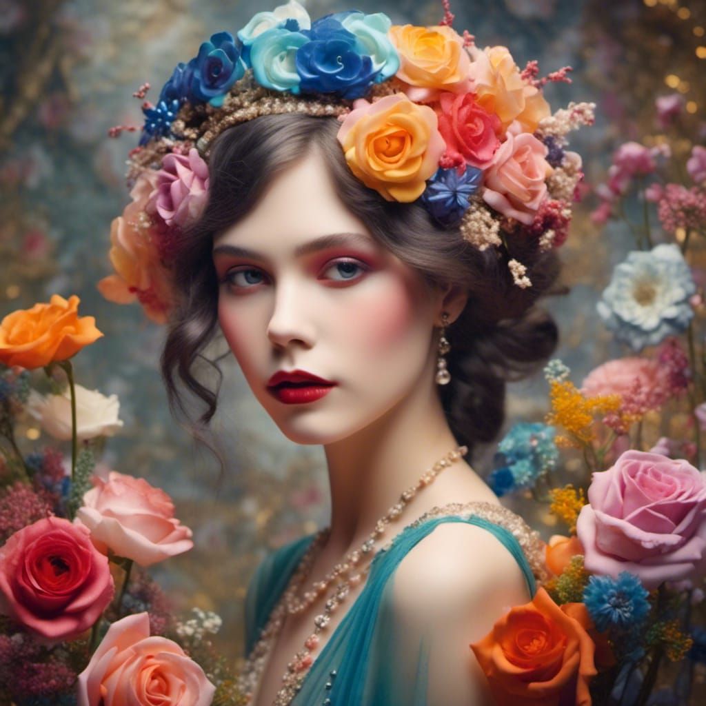 Flapper with Roses in Glass Art Style