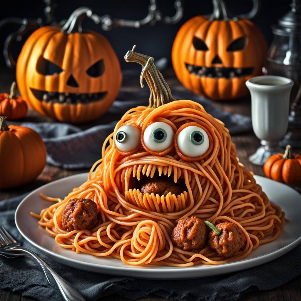 Hyperrealistic Spaghetti Monster with Jack-O-Lanterns