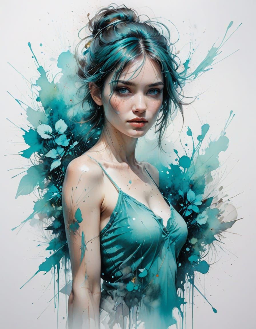 Abstract Turquoise Watercolor Painting in Ethereal Style