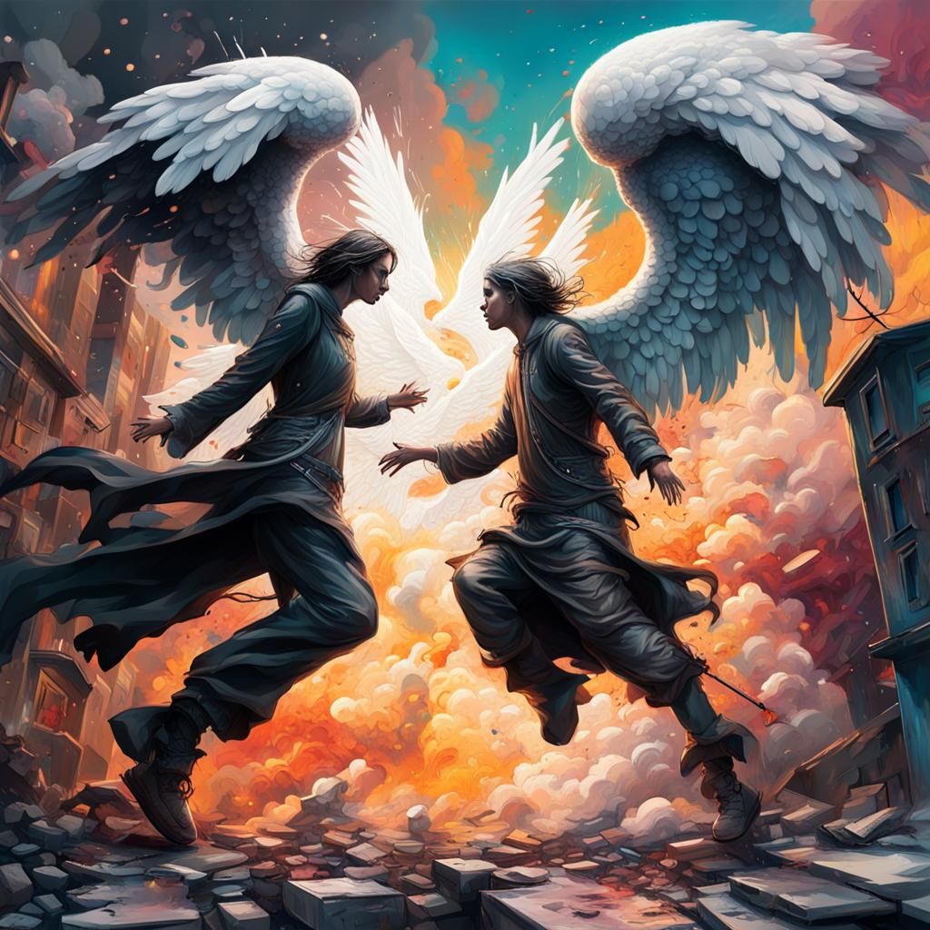 Epic Angel Battle in the Clouds: Graffiti Art Style