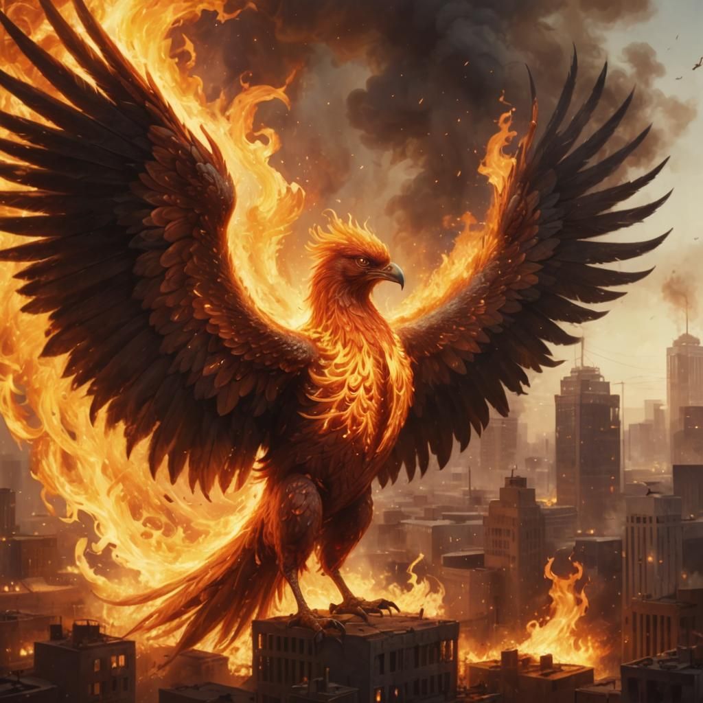 Furious Phoenix Rises Above Burning Town