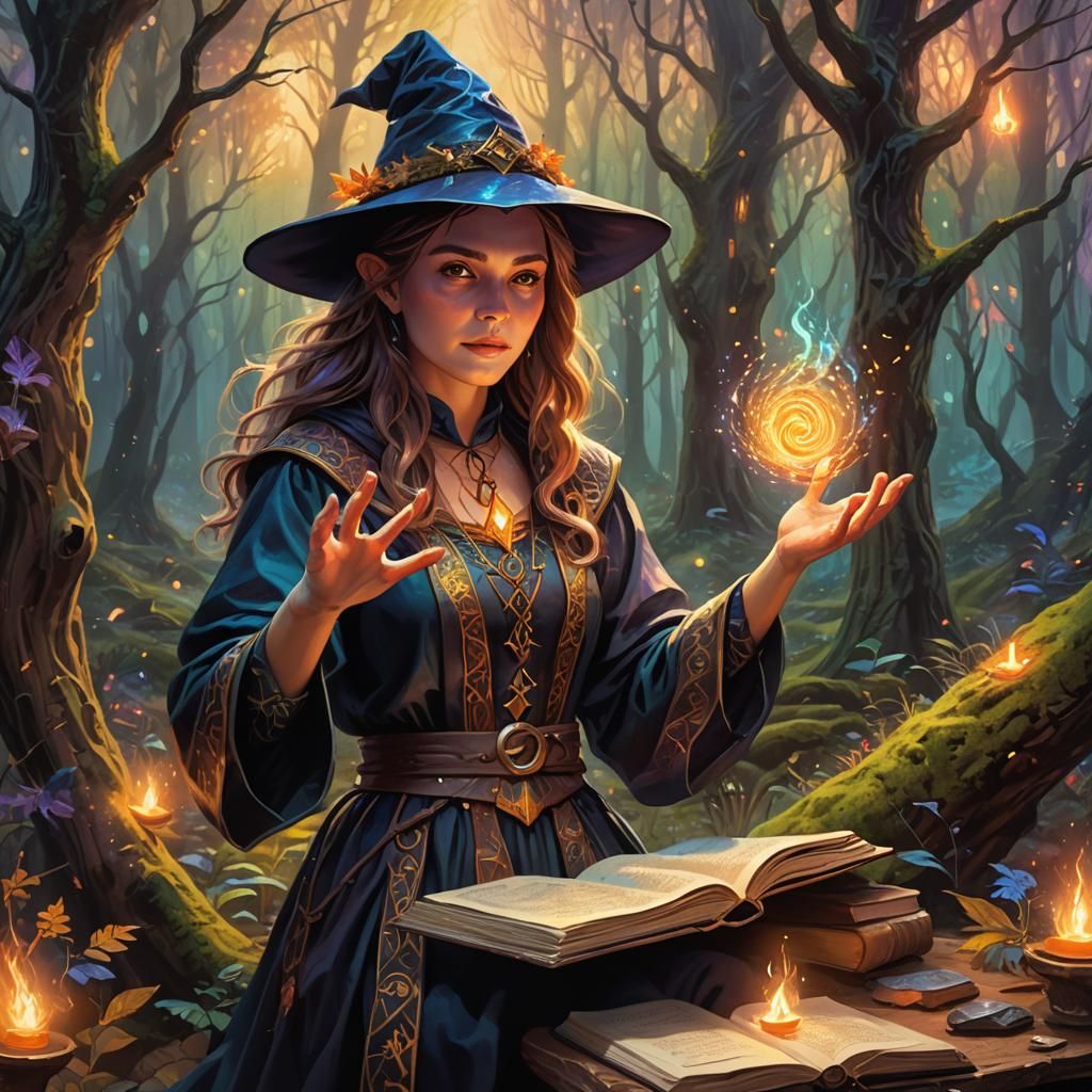 Mystical Witch Apprentice Casting Spell: Oil Painting