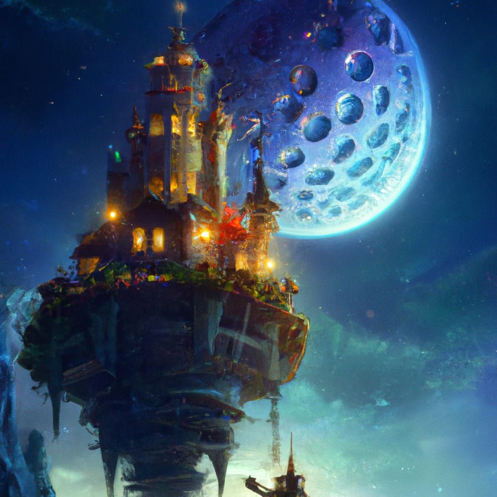 Majestic Floating Castle with Galaxy, Detailed Matte Paintin...