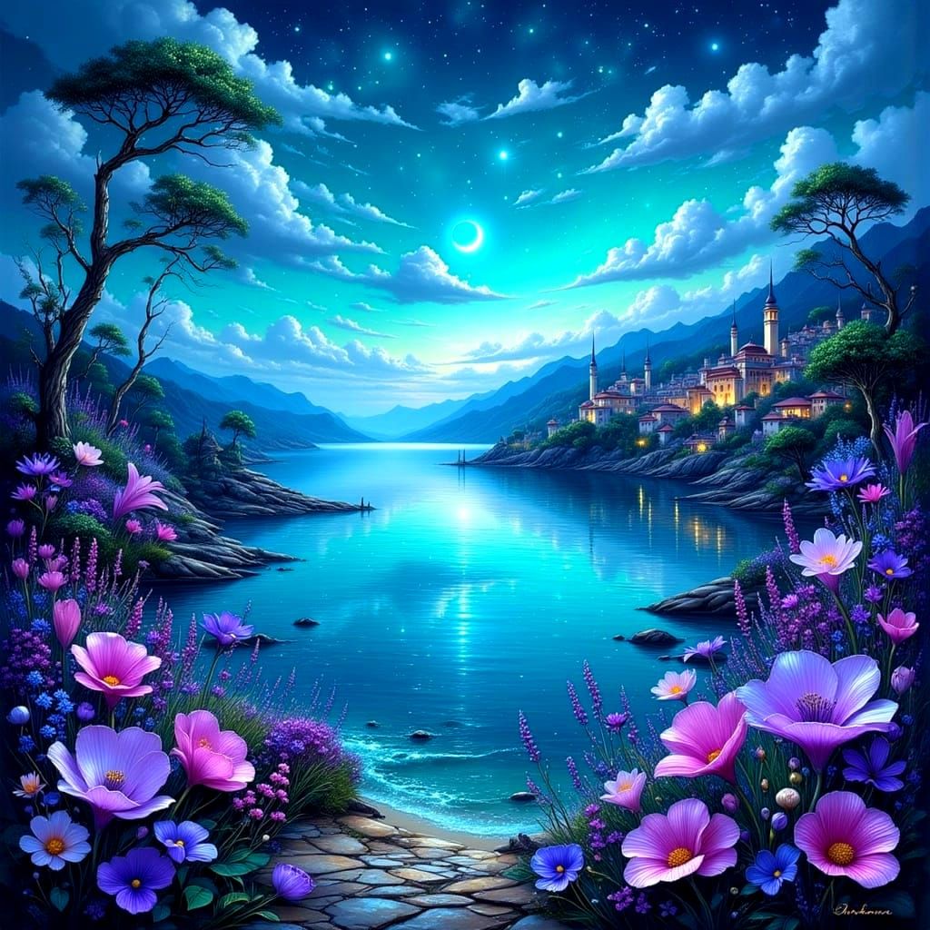 Turquoise Seascape with Glittering Fantasy Elements