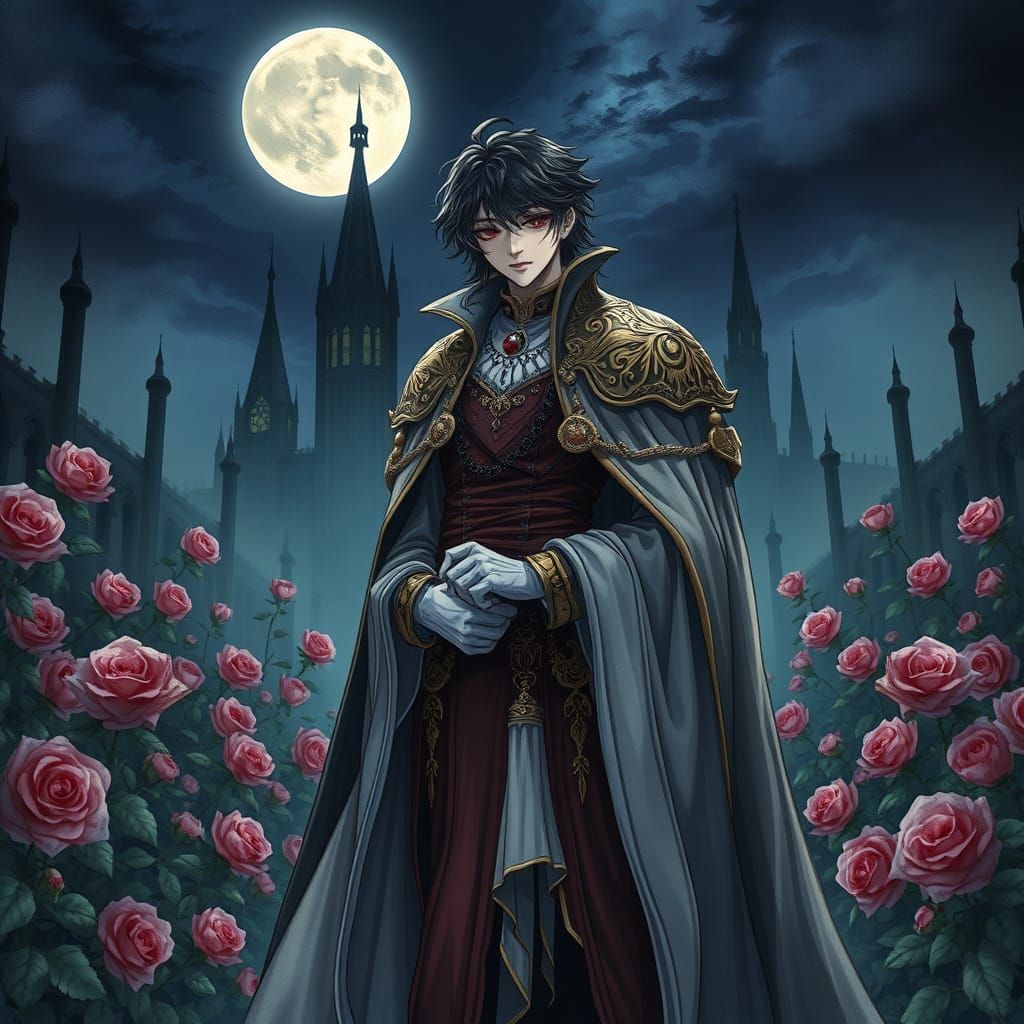Gothic Vampire Lord in Moonlit Garden of Roses