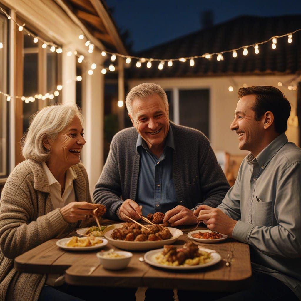 Family Enjoying Kebabs on Patio with Warm Lighting