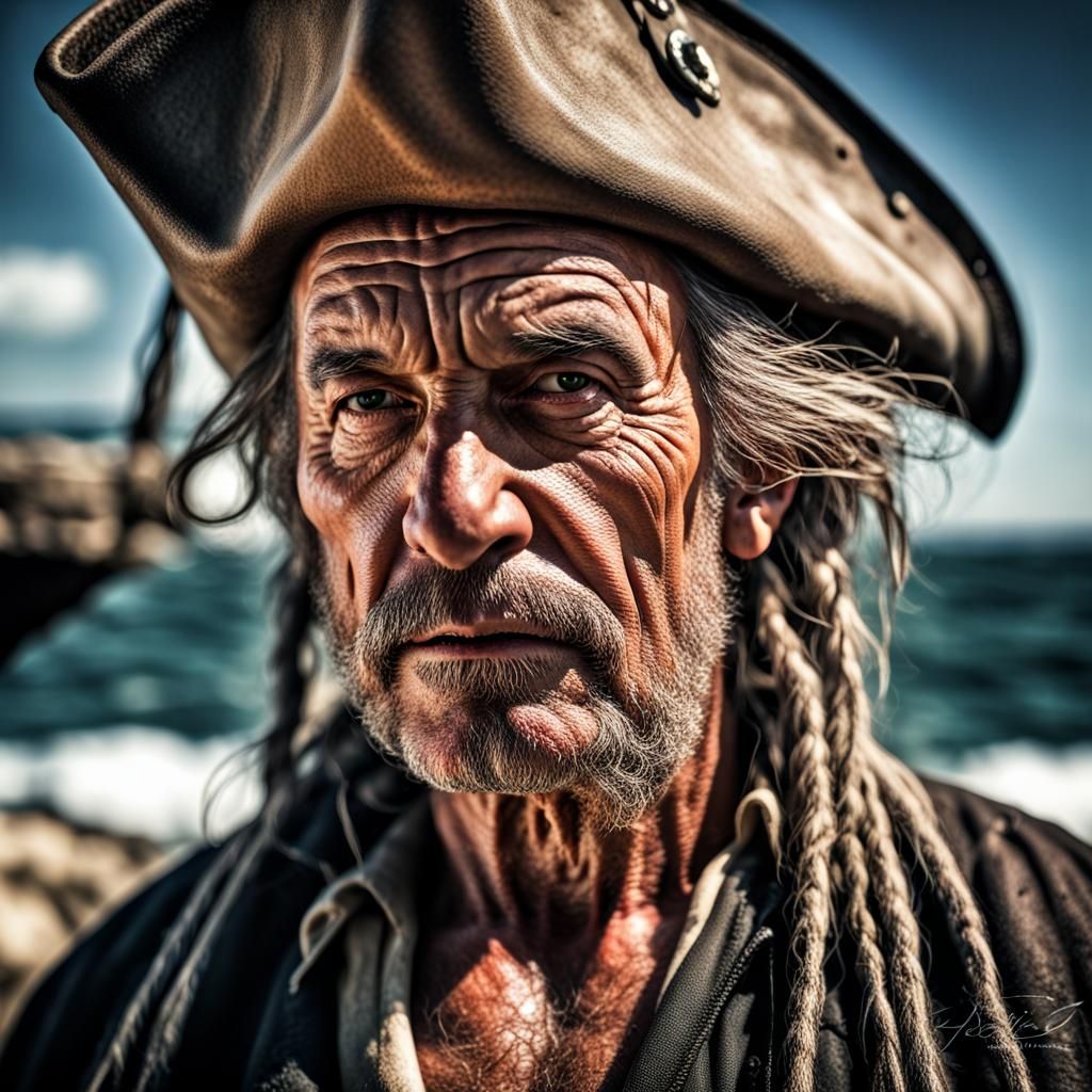 Hyperrealistic Portrait of a Weathered Pirate at Sea
