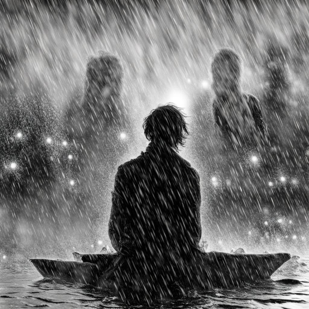 Melancholy Figure in Pouring Rain at Night