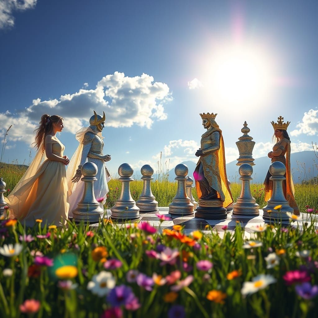 Surreal Chess Board Scene in Whimsical Art Style