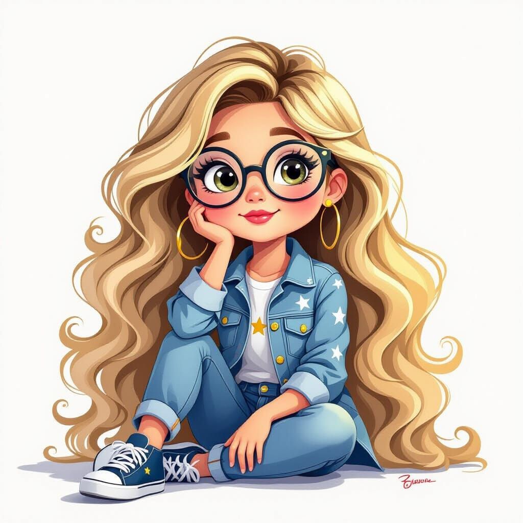 Stylish Cartoon Girl in Denim with Blonde Curls