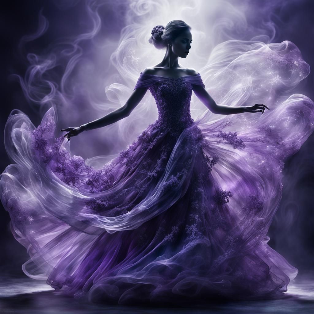 Purple, sculpture of a woman in shimmering smoke