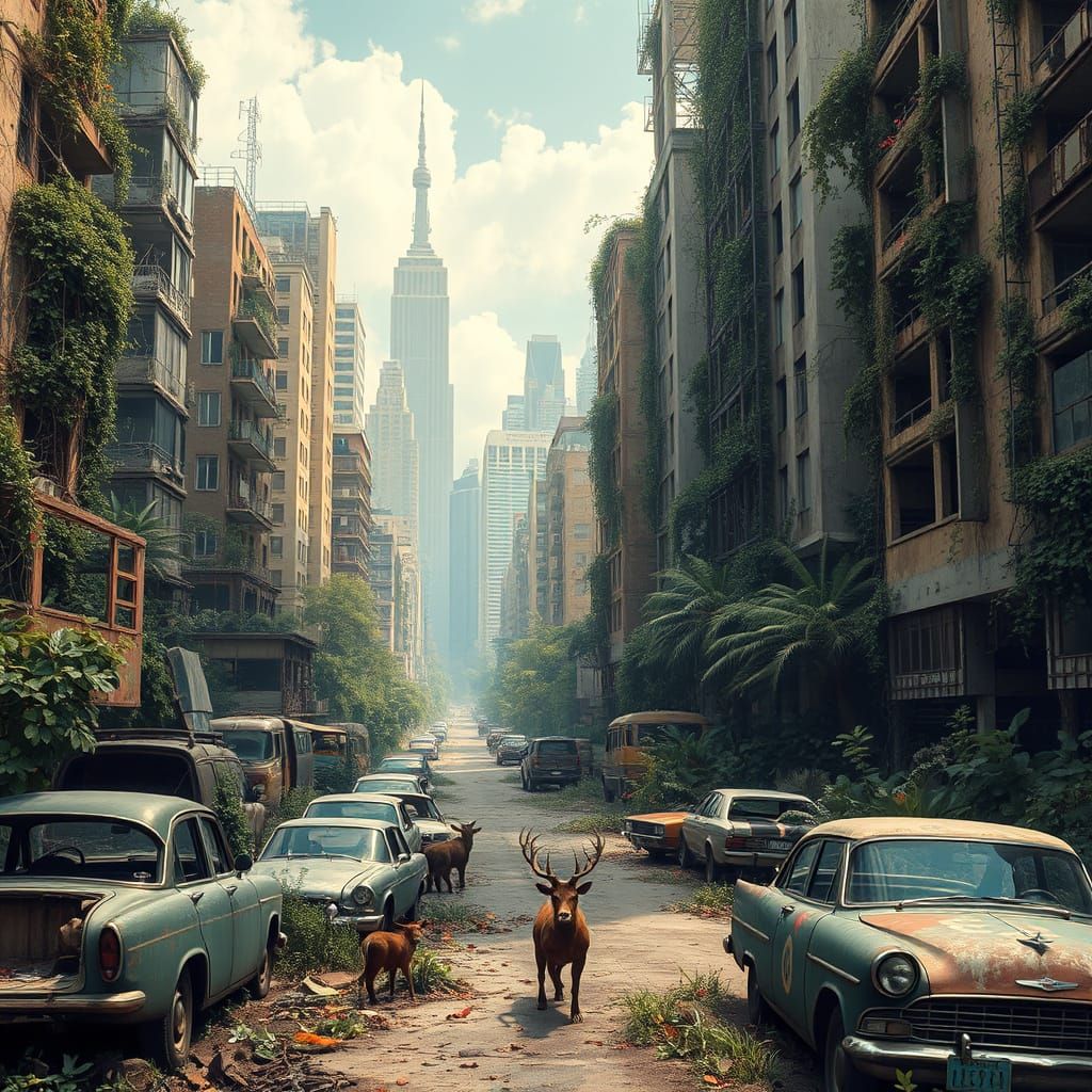 Overgrown Cityscape: Nature's Serene Post-Apocalyptic Art