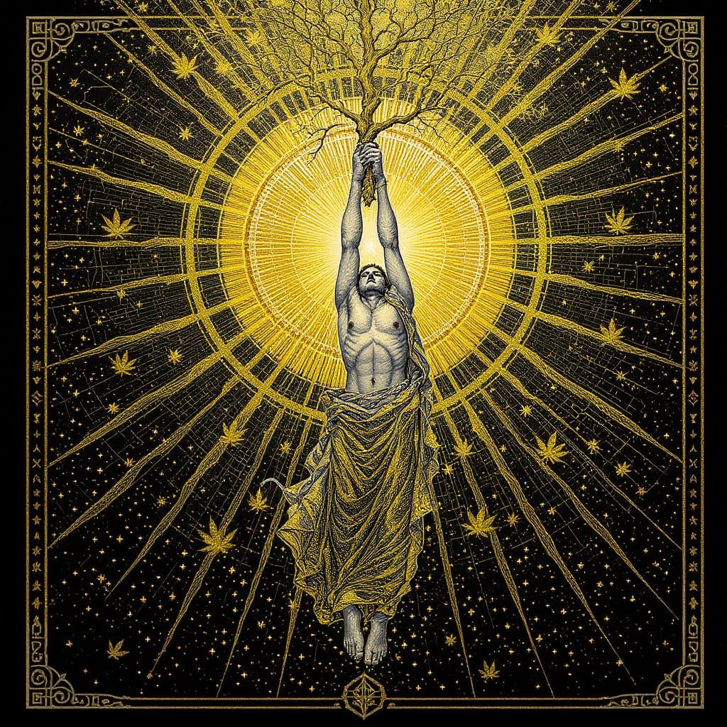 Golden Hanged Man: Luminous Gothic Ink Art