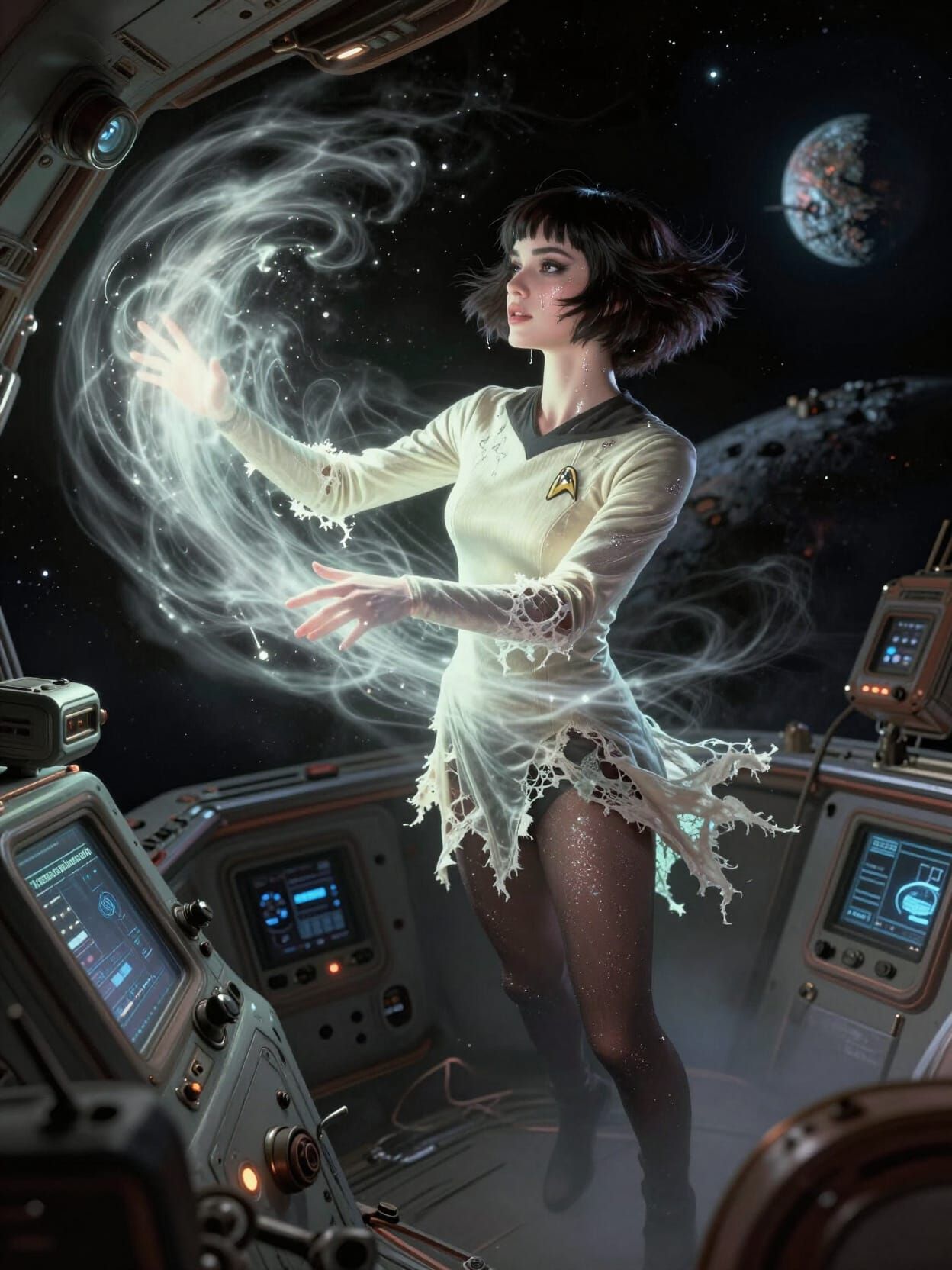 Retro Futuristic Woman in Zero-Gravity Spacecraft