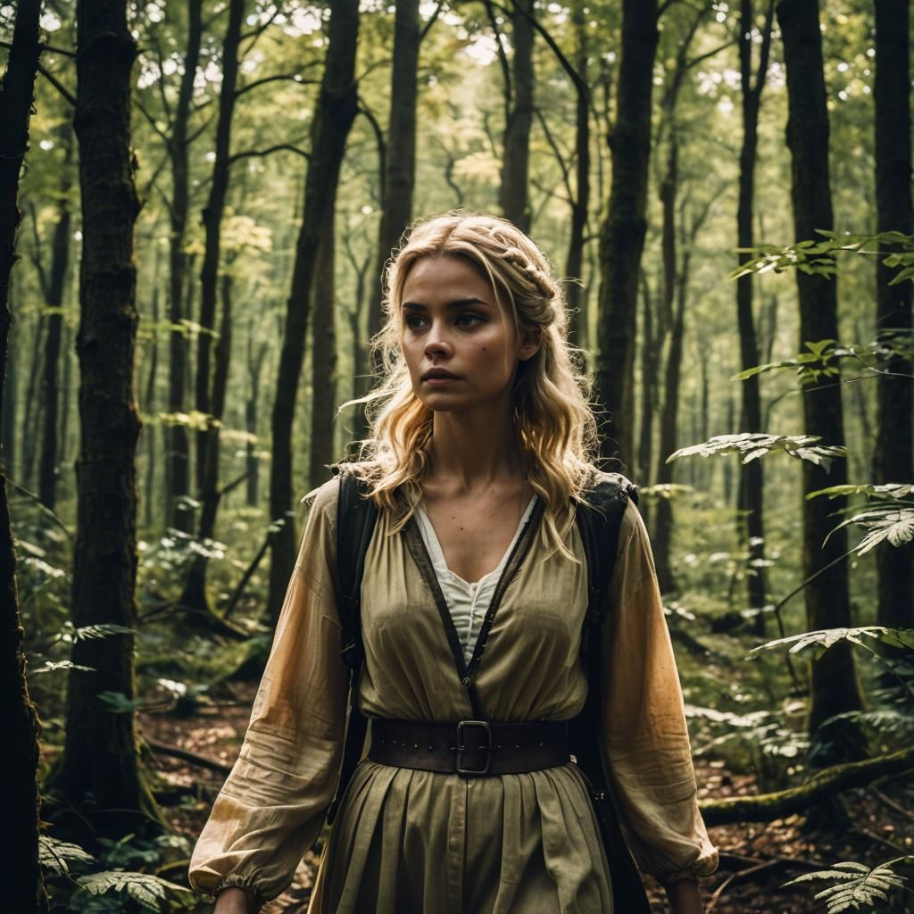 Blonde Fairy Wanders Dreamily Through Wild Oak Forest