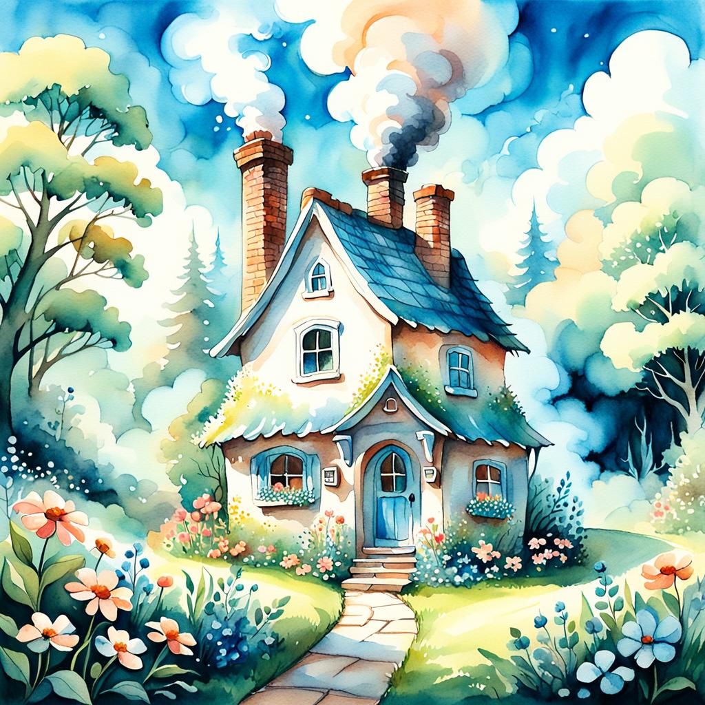 Storybook Fairy-Tale House in Whimsical Watercolor