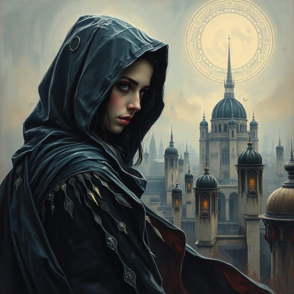 Melancholic Hooded Figure in Dreamlike Cityscape, Impasto St...