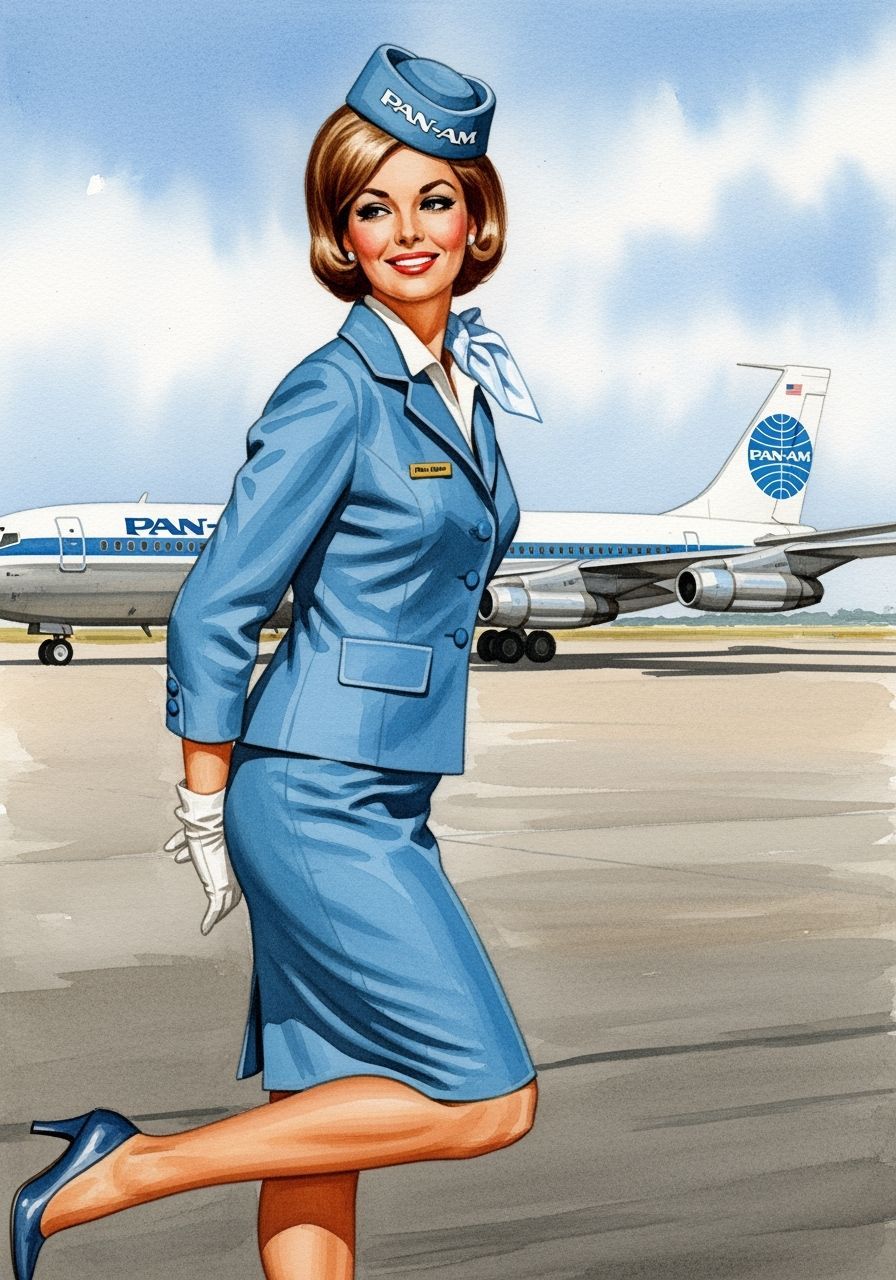 Pan-Am Stewardess Pin-Up in 1960s Watercolor Style