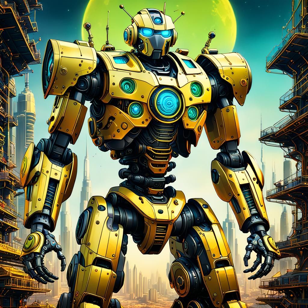 Steampunk Mecha Robot in Dubai: Neon Digital Art