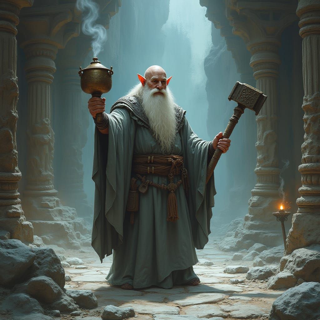 Dwarf Cleric in Temple, Inspired by Frazetta and Beksiński
