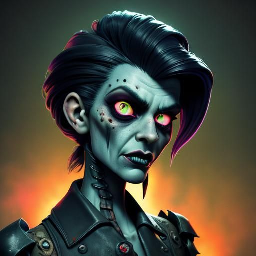 Rockabilly Zombie Girl Portrait in Art Nouveau Style