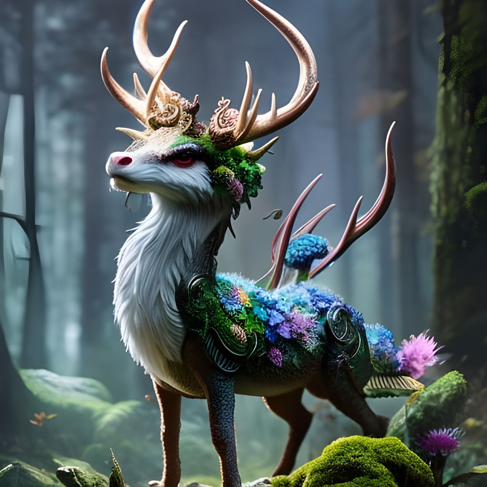 Mossy Stag Dragon in Hyperdetailed Forest Landscape