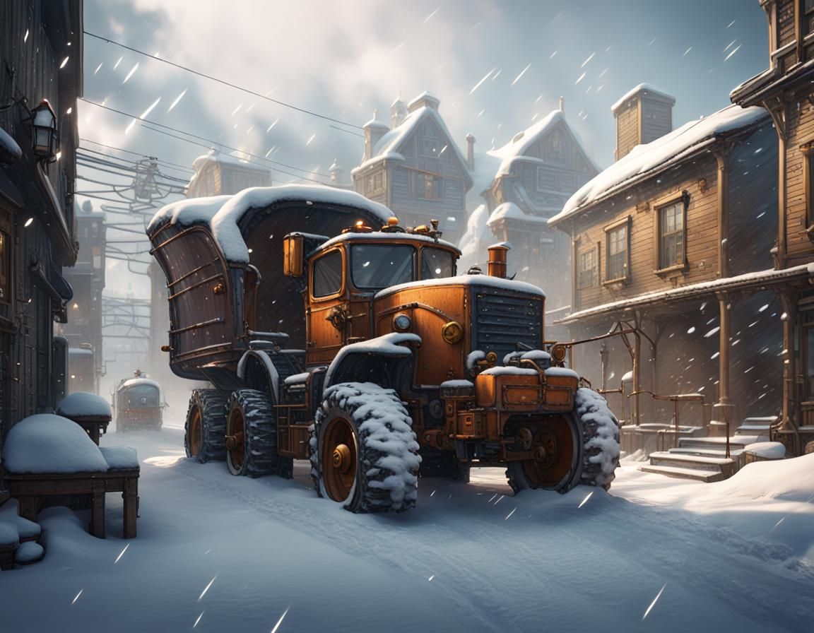 Snow Plow Clears Deep Snow in Steampunk Village
