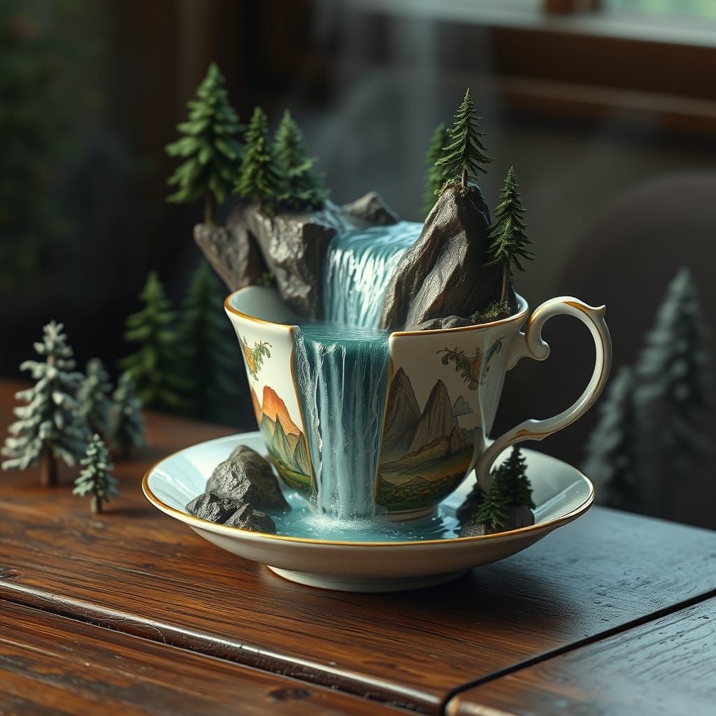 a waterfall spilling out of teacup into saucer, with trees and miniature mountains surrounding the rim, on a table top E...