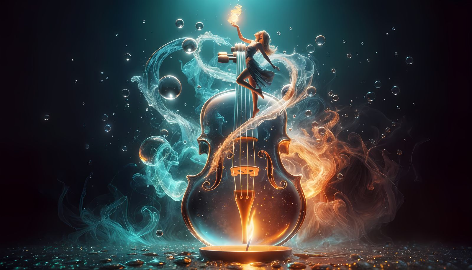 Surreal Woman Dances Above Violin Candle