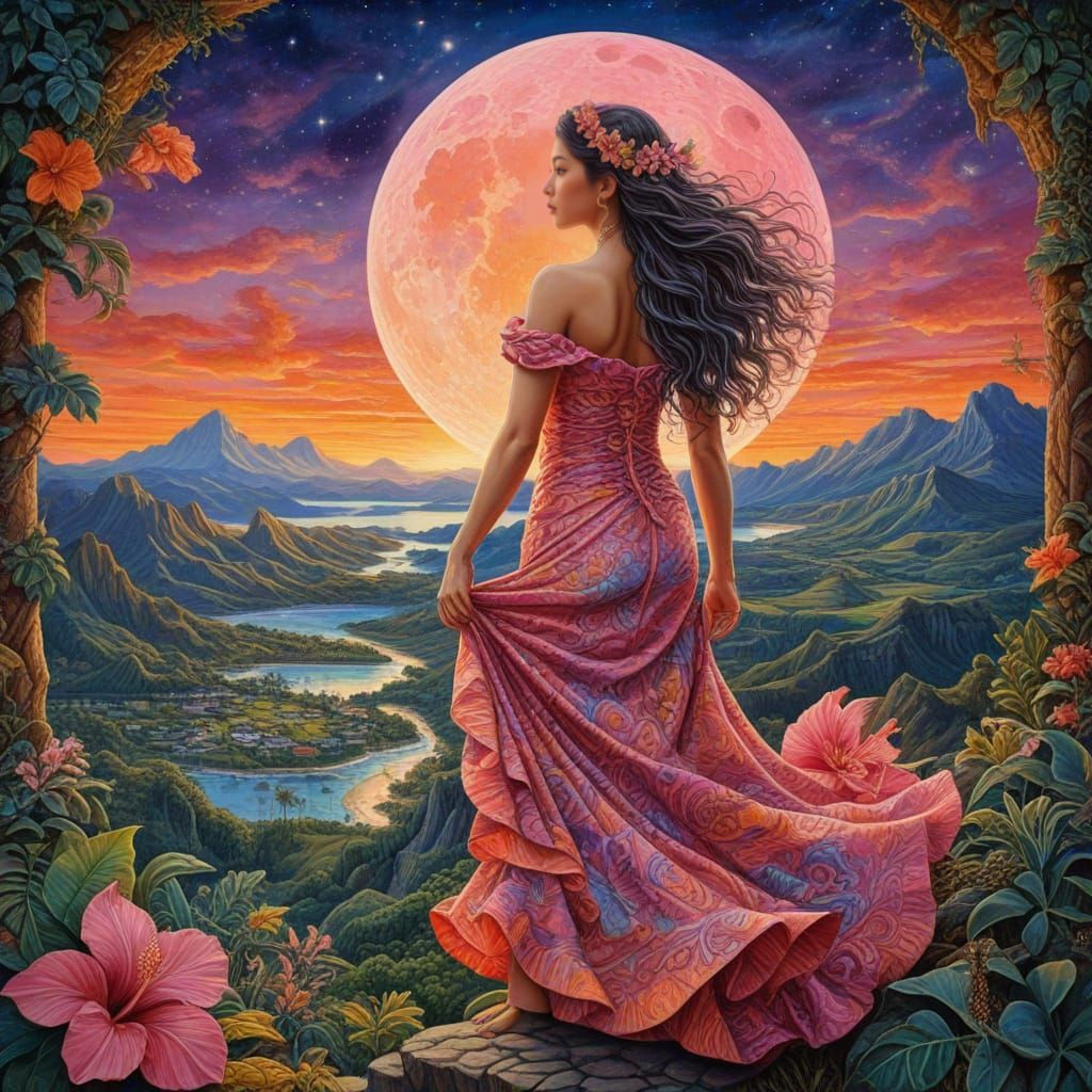 Hula Dancer Over Vibrant Hawaiian Coastline Under Full Moon