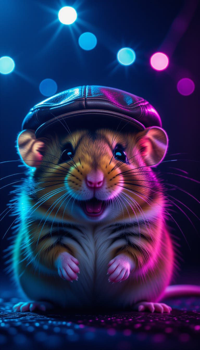 Hybrid Hamster-Mouse Creature Laughing in Moody LED Light