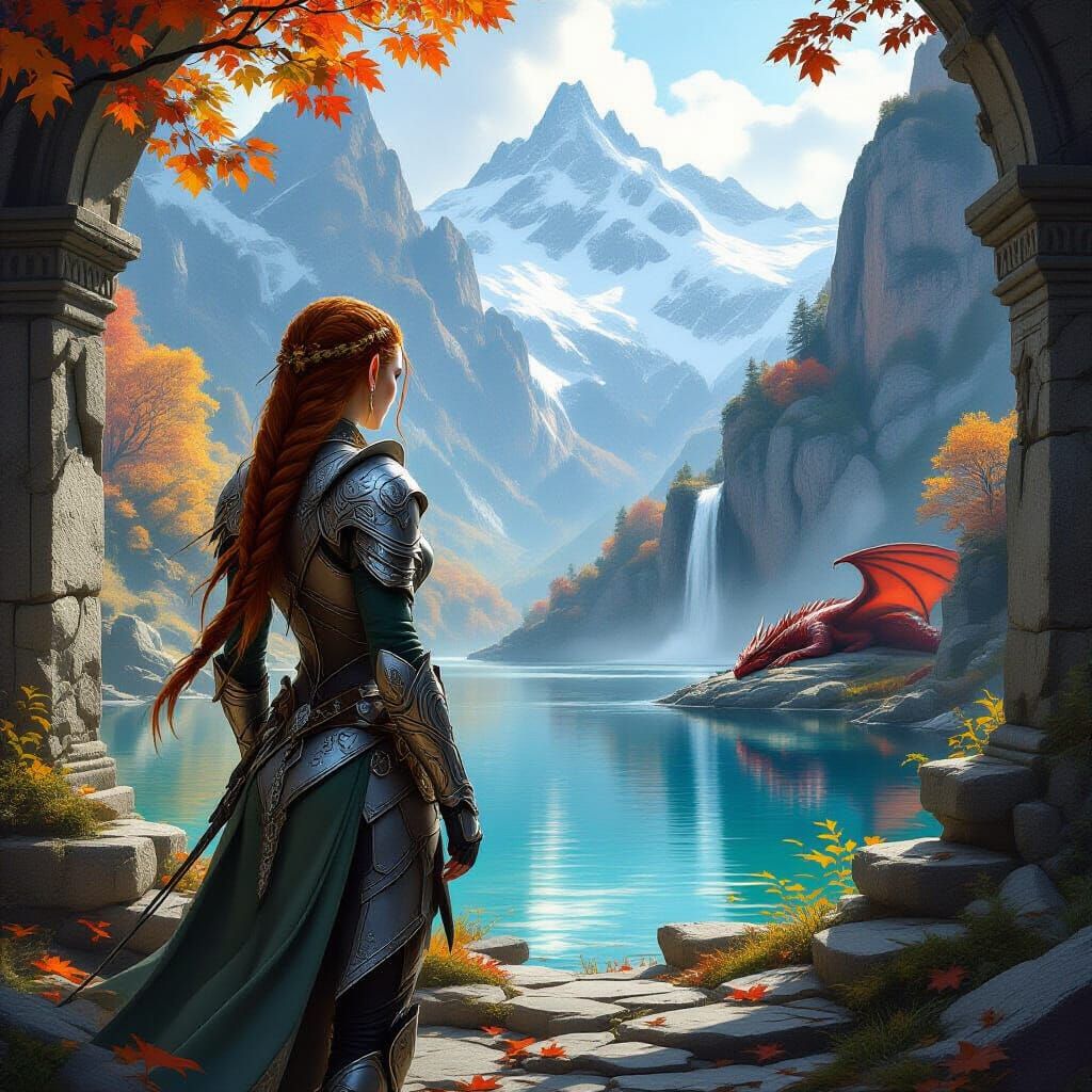 Elf Warrior in Autumn Ruins with Dragon