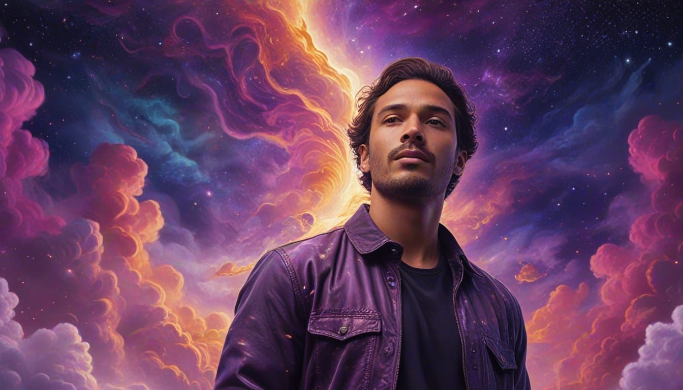 Cosmic Man in Surreal Astral Landscape