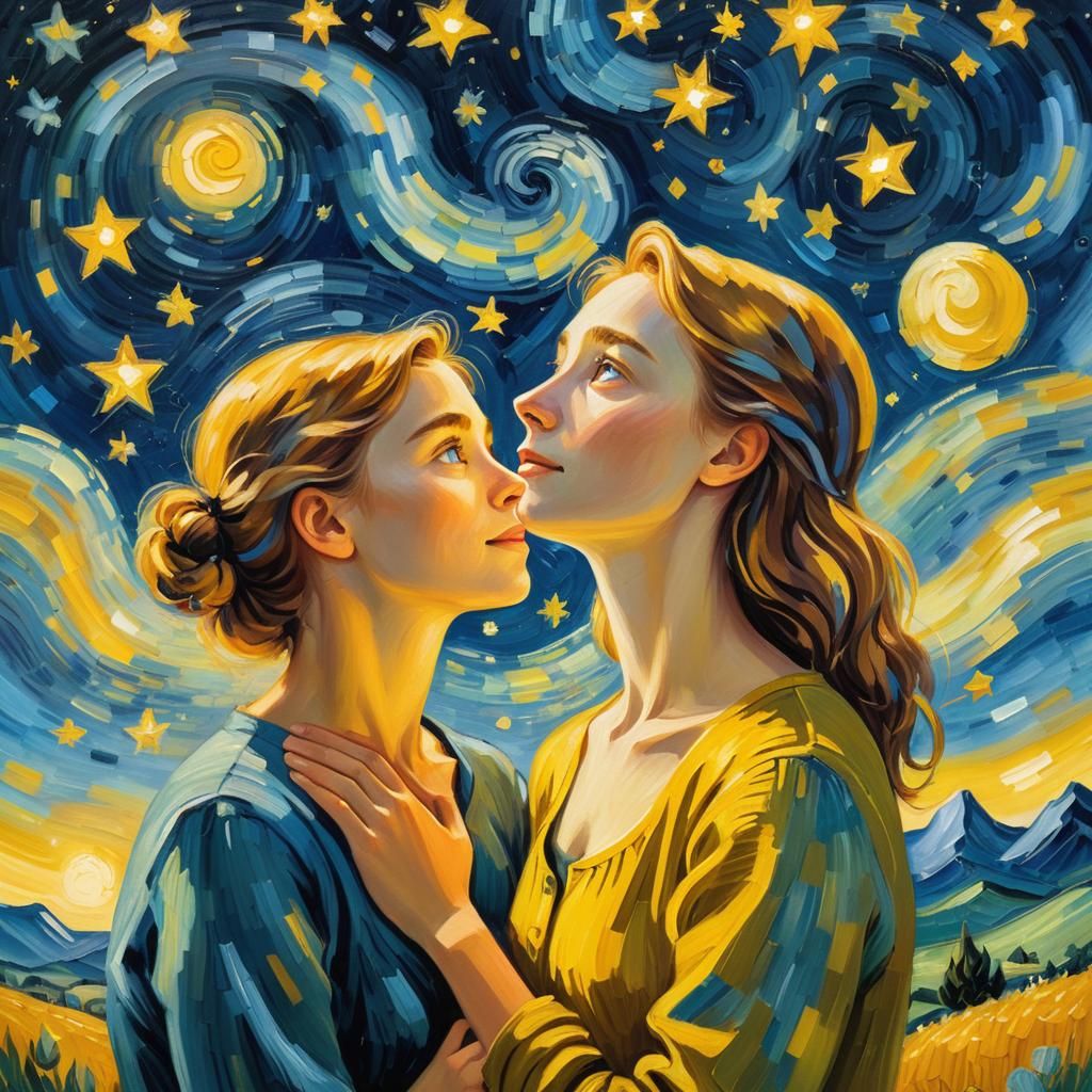 Romantic Starry Night Oil Painting of a Woman