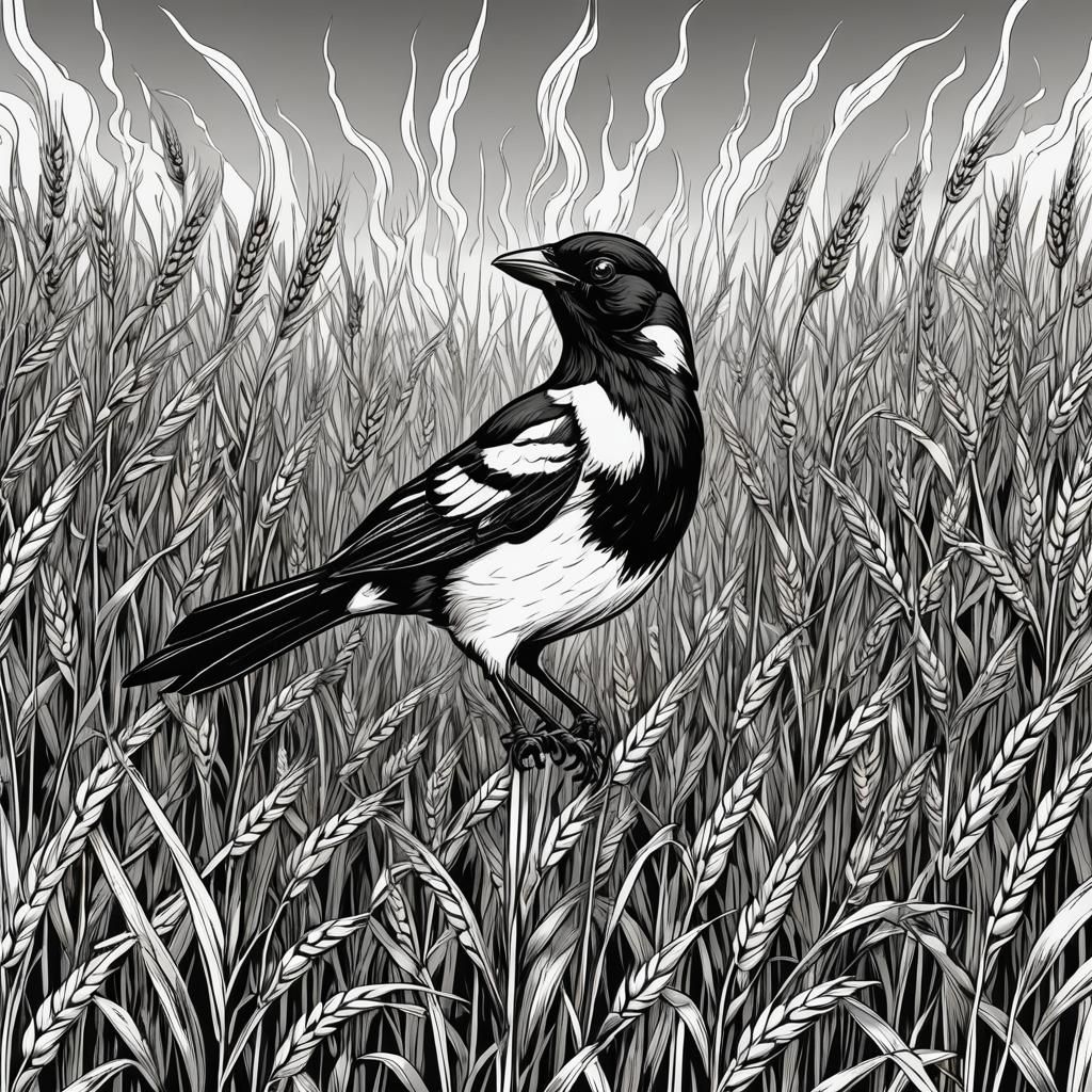 Magpie Rising in Wheat Field: Black and White Vector Art
