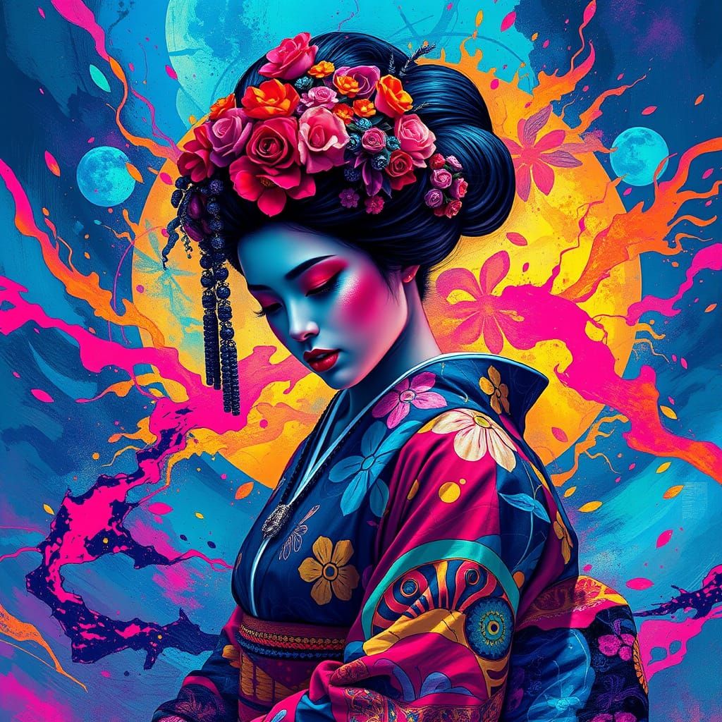 Neon Geisha in Futuristic Street Art Style