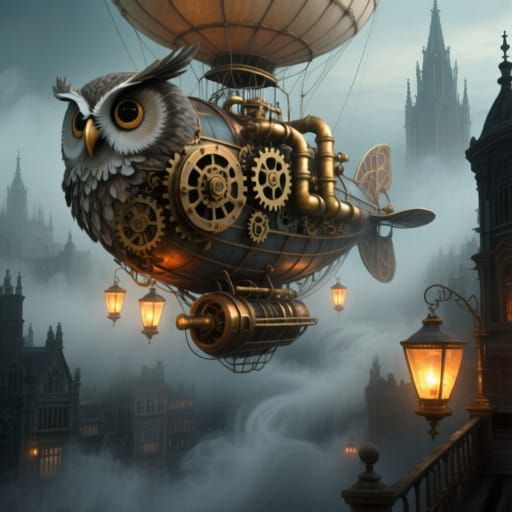 Steampunk Mechanical Owl Airship in Foggy Victorian City