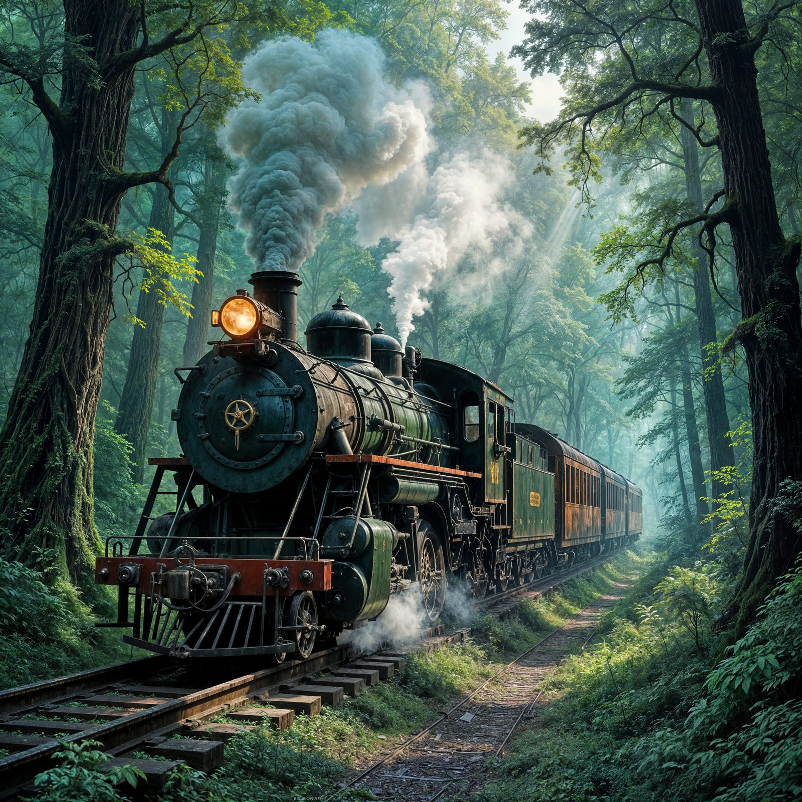 Mossy Steam Train in Sun-Dappled Forgotten Forest