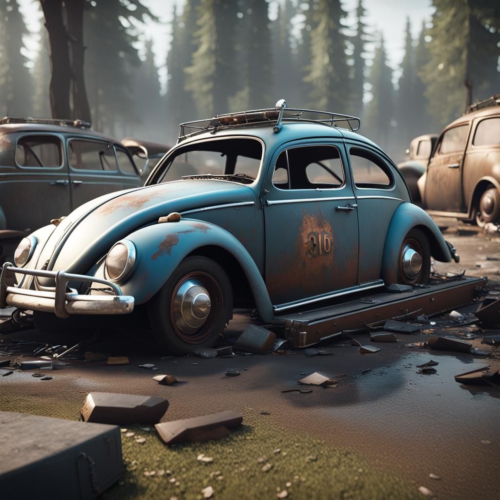 Crashed 1963 Beetle in Detailed 3D Render
