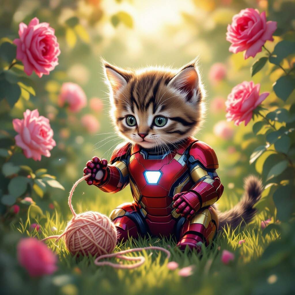 Cute Kitten in Iron Man Suit in Rose Garden