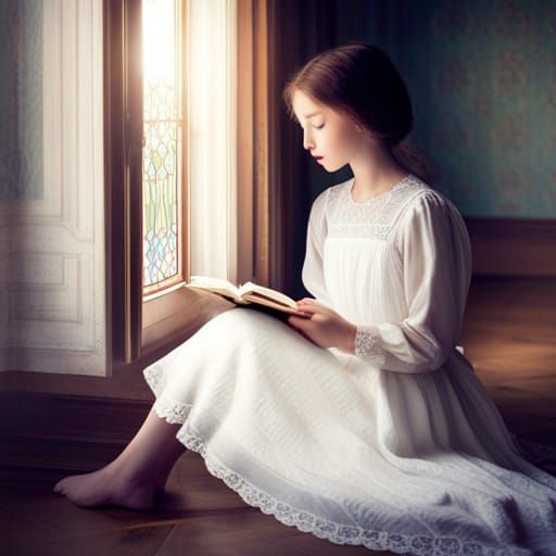 Girl Reading by Window in Pointillist Style