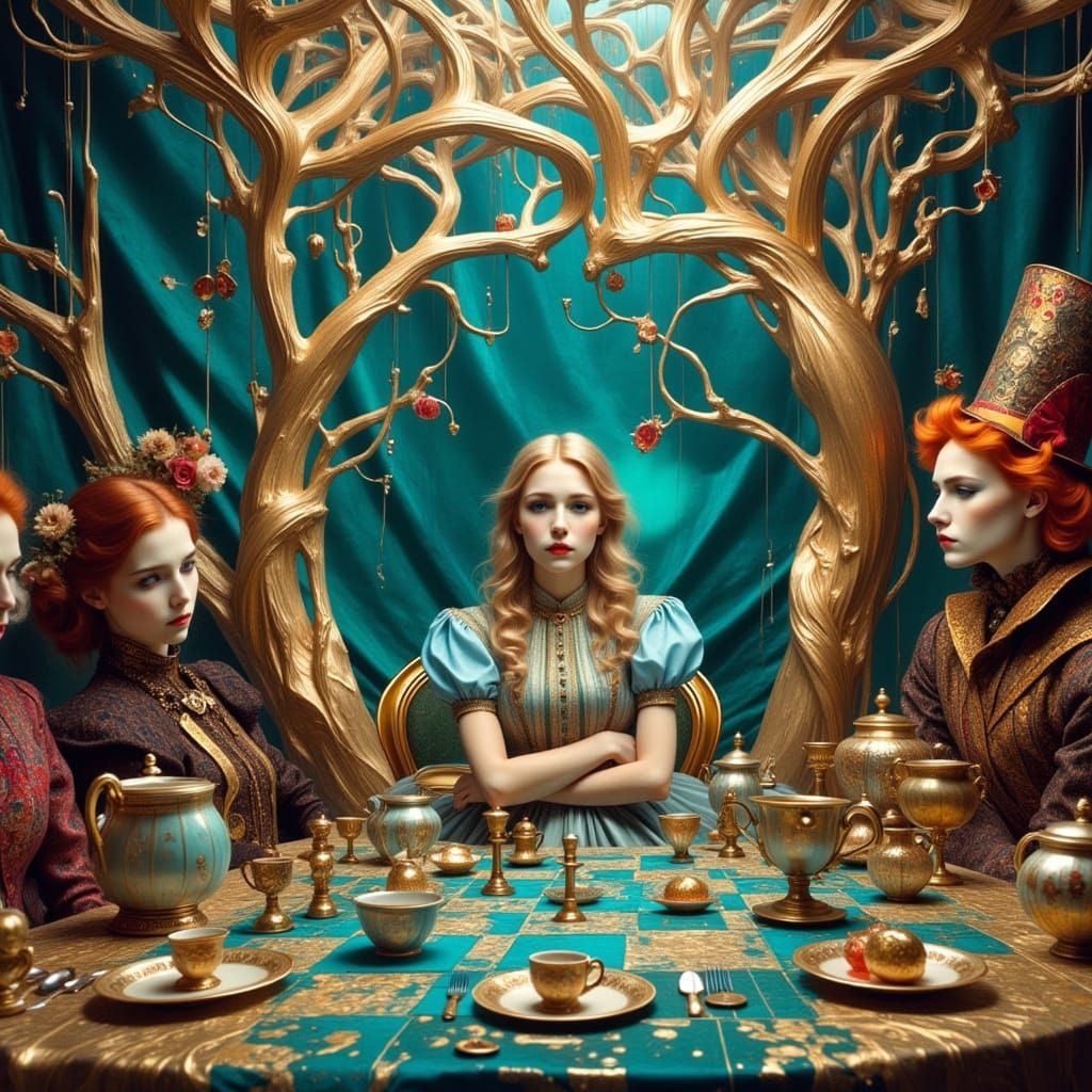 Surreal Mad Hatter's Tea Party in Art Nouveau Style