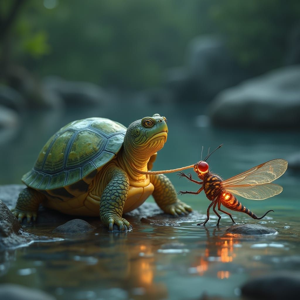 Turtle Engages in Whimsical Tug of War with Muscular Firefly