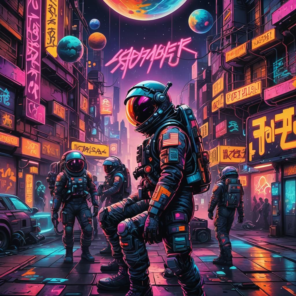 Cyberpunk Graffiti: Astronauts in Neon Cosmic Scene