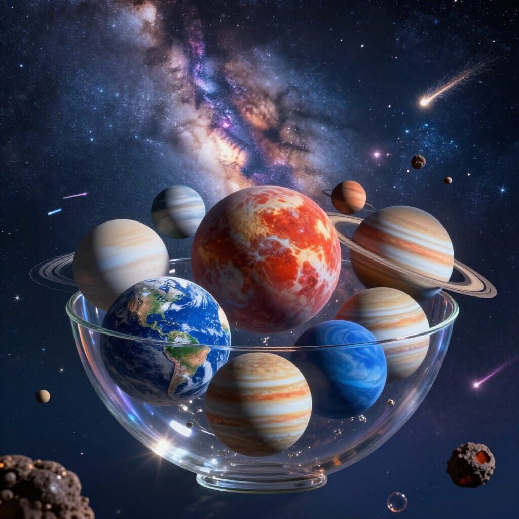 Crystal Bowl of Planets in Cosmic Nebula