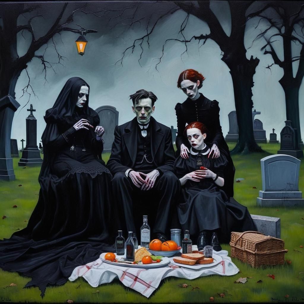 Addams Family Picnic: Gothic Horror Oil Painting